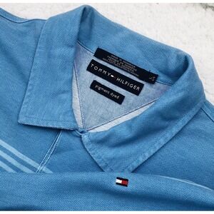 Y2K Tommy Hilfiger Polo Shirt Mens LARGE Blue Colorblock Stripe Flag Loop Collar